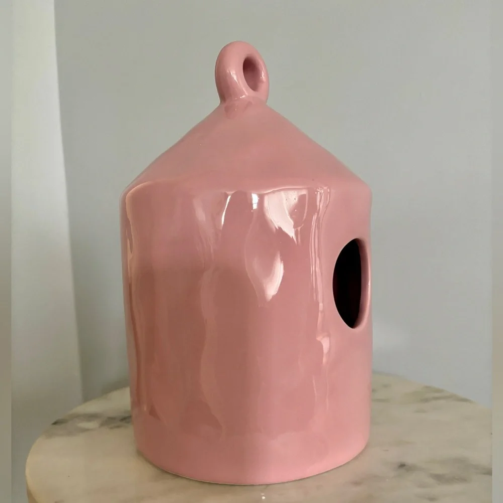 Kathy Diep Pink Ceramic Birdhouse Glossy Modern Cottagecore Decor OS